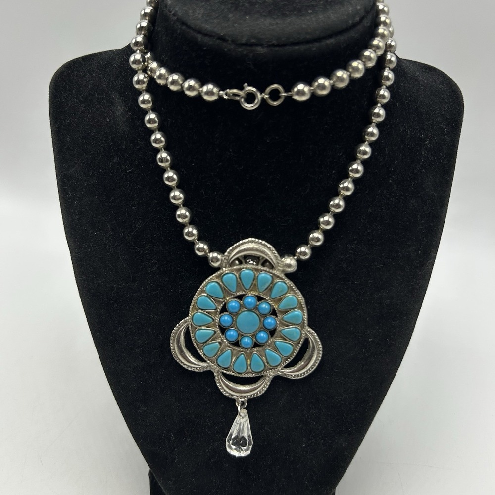 Southwestern Necklace Faux Turquoise Statement Silver Tone Ball Chain 24 in